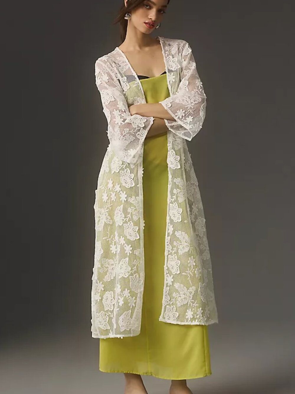 Maeve White Sheer Floral Lace Kimono Robe